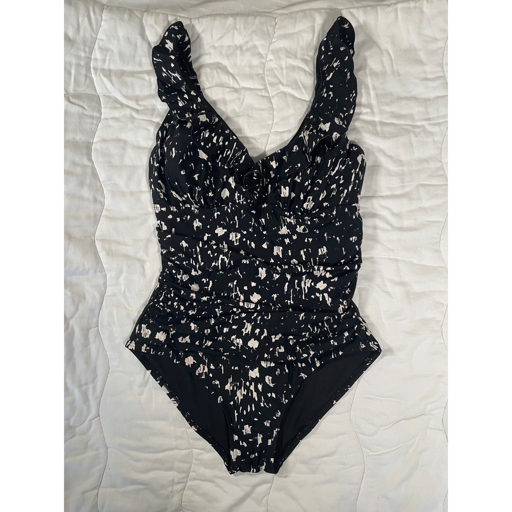 DKNY Womens Ruffle V-Neck One Piece Swimsuit Black White Splatter Print Large
